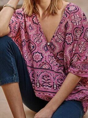 J Jill Mixed Medallion Print V Neck Pullover Poncho Top S-L Dark Pink Multi